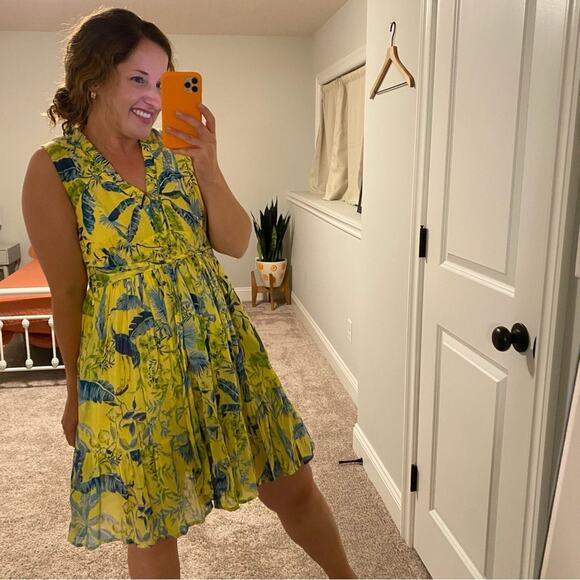 Banjanan Yellow Blue Cotton Bird Floral Mini Dress XS - Picture 4 of 11